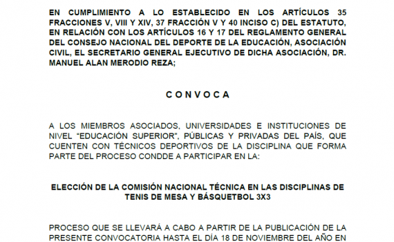 CONVOCATORIA PARA ELECCIÓN DE COMISIÓN NACIONAL TÉCNICA DE TENIS DE MESA Y  DE BÁSQUETBOL 3X3 – CONDDE
